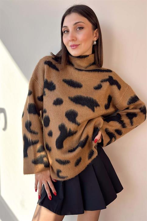 Kahverengi Dik Yaka Oversize Leopar Desenli  Kazak