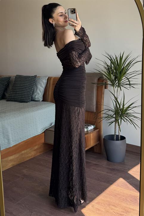 Kahverengi Drape Detaylı Dantel Elbise