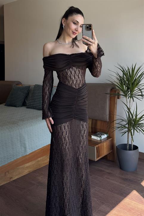 Kahverengi Drape Detaylı Dantel Elbise