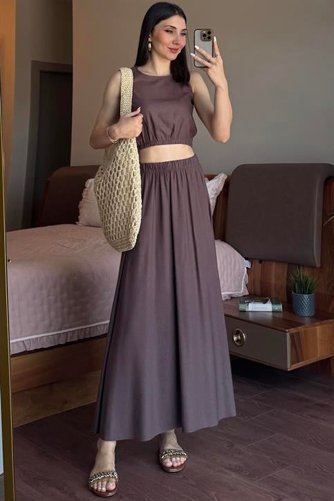 Kahverengi Etekli Crop Takım