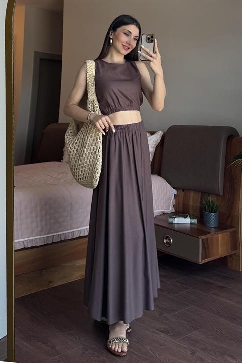 Kahverengi Etekli Crop Takım