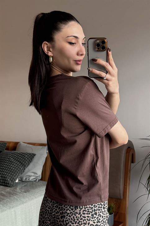 Kahverengi Future Vibes Nakışlı T Shirt
