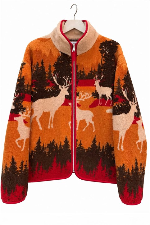 Kahverengi Geyik ve Dağ Desenli Fermuarlı Sweatshirt