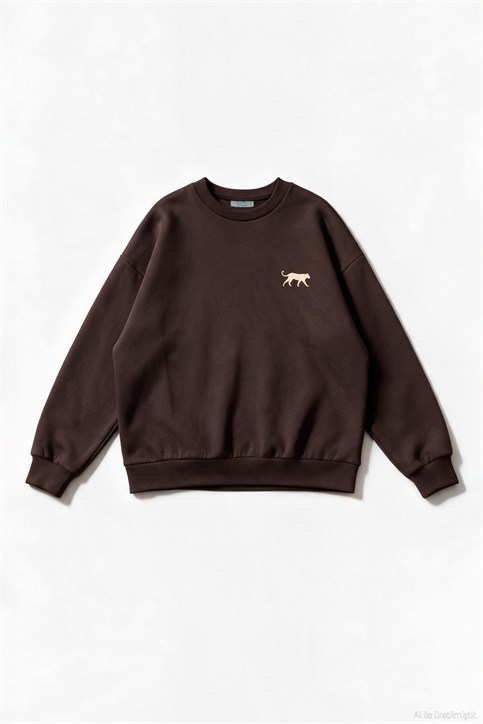 Kahverengi Kaplan Nakışlı Üç İplik Şardonlu Sweatshirt