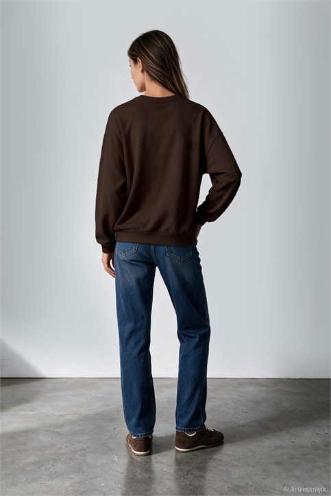 Kahverengi Kaplan Nakışlı Üç İplik Şardonlu Sweatshirt