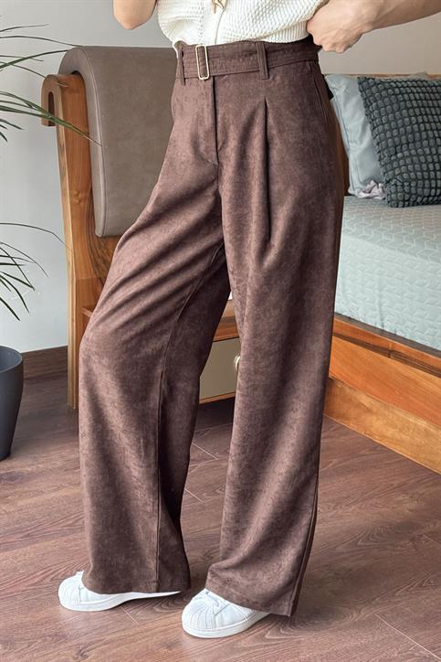 Kahverengi Kemerli Süet Pantolon