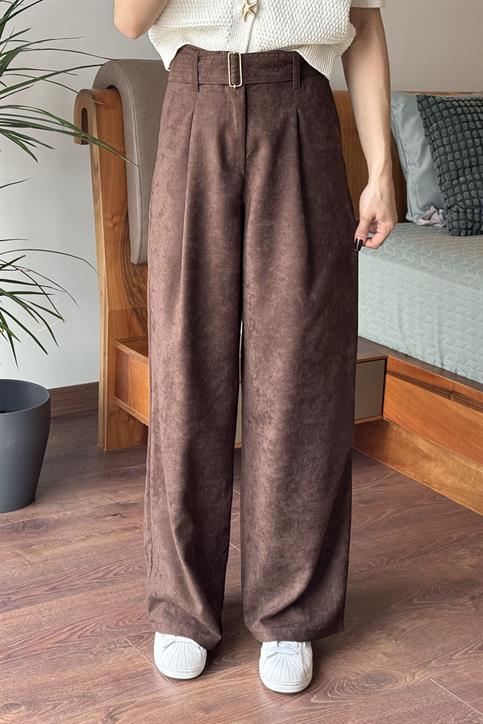 Kahverengi Kemerli Süet Pantolon