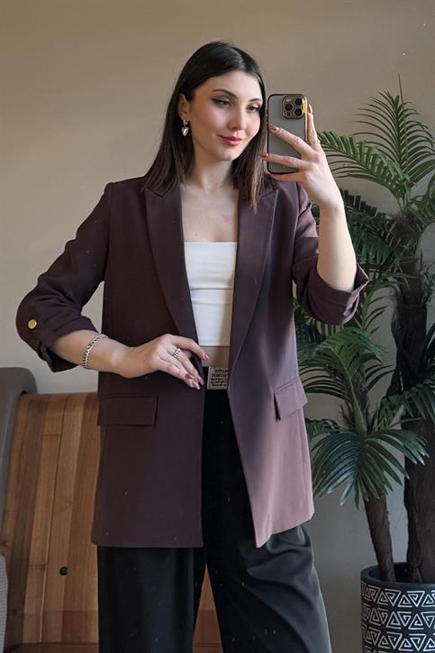 Kahverengi Kol Katlamalı Blazer Ceket