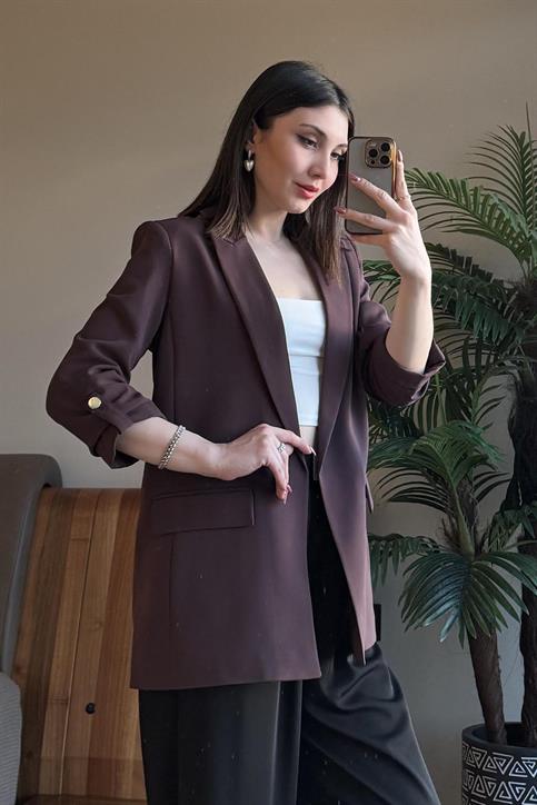 Kahverengi Kol Katlamalı Blazer Ceket