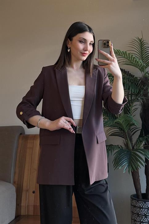Kahverengi Kol Katlamalı Blazer Ceket