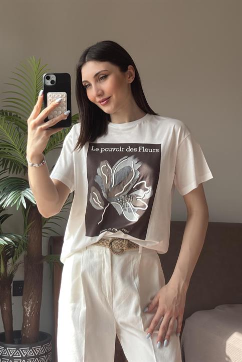 Kahverengi Le Pouvoir des Fleurs Baskılı T Shirt