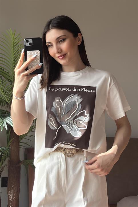Kahverengi Le Pouvoir des Fleurs Baskılı T Shirt