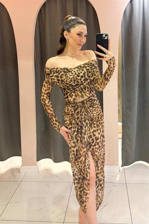 Kahverengi Leopar Desen Astarlı Tül Etek