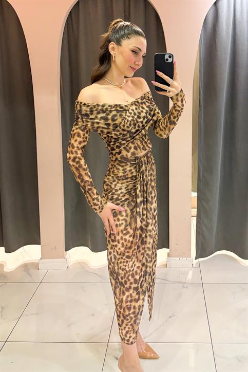 Kahverengi Leopar Desen Astarlı Tül Etek