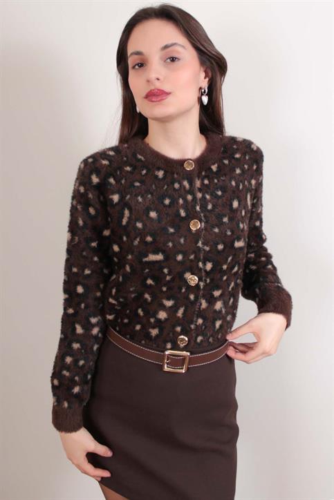 Kahverengi Leopar Desen Sakallı Yumoş Hırka