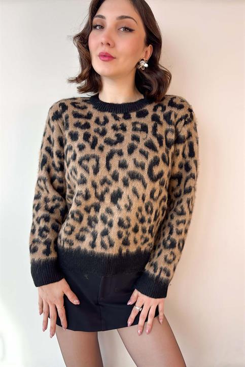 Kahverengi Leopar Desenli Soft Touch Bisiklet Yaka Kazak