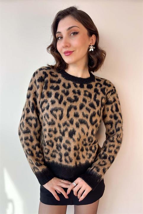 Kahverengi Leopar Desenli Soft Touch Bisiklet Yaka Kazak