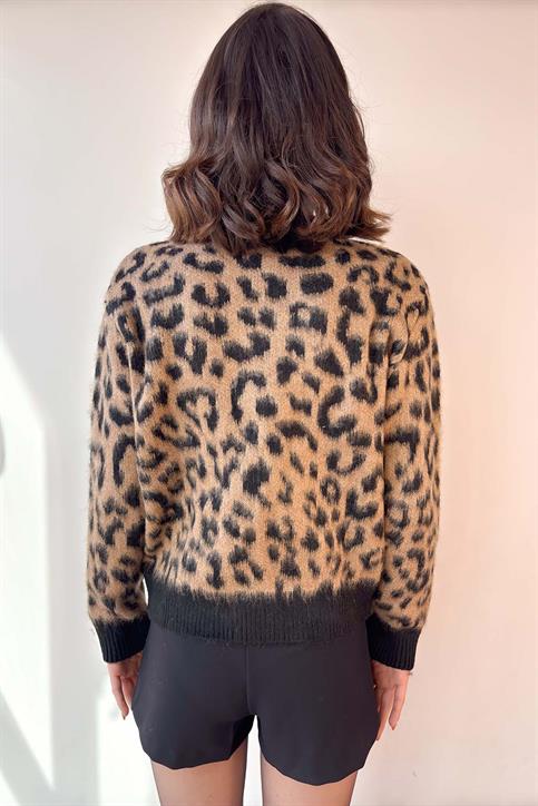 Kahverengi Leopar Desenli Soft Touch Bisiklet Yaka Kazak