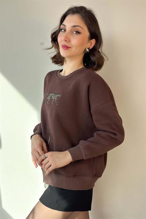 Kahverengi Leopar Nakışlı Fermuarlı Sweatshirt