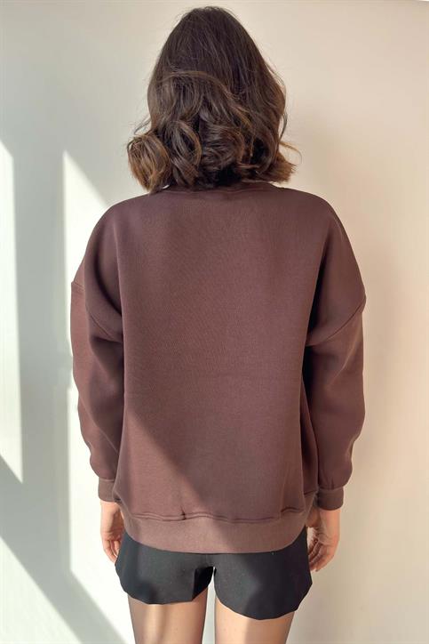 Kahverengi Leopar Nakışlı Fermuarlı Sweatshirt