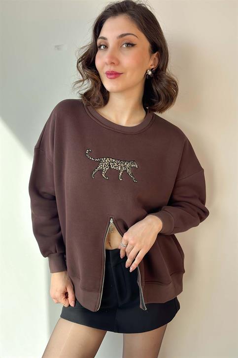 Kahverengi Leopar Nakışlı Fermuarlı Sweatshirt
