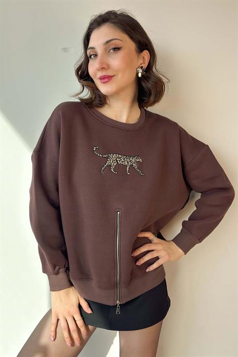 Kahverengi Leopar Nakışlı Fermuarlı Sweatshirt