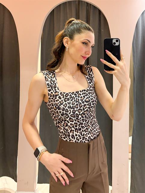 Kahverengi Likralı Kare Yaka Leopar Atlet