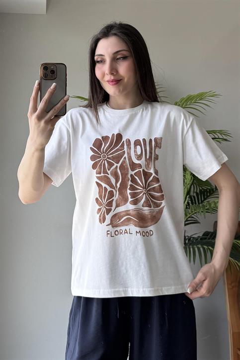 Kahverengi Love Çiçek Baskılı T Shirt