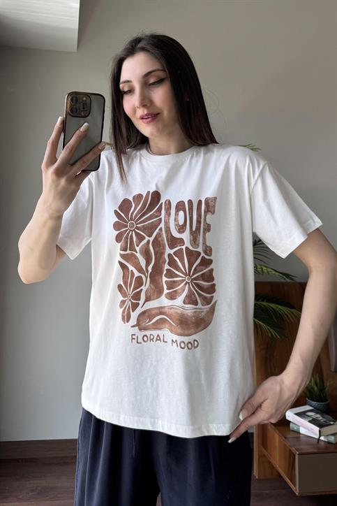 Kahverengi Love Çiçek Baskılı T Shirt