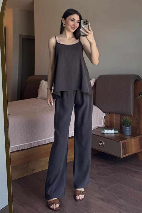 Kahverengi Massi İp Askılı Tencel Takım