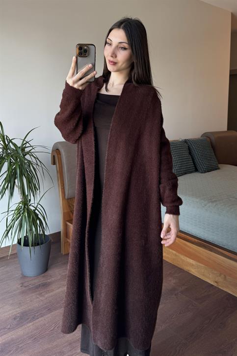 Kahverengi Maxi Boy Yumoş Hırka