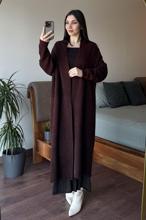 Kahverengi Maxi Boy Yumoş Hırka