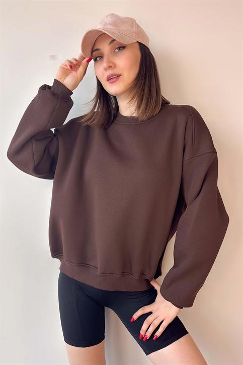 Kahverengi Oversize Bisiklet Yaka İçi Şardonlu Üç İplik Sweatshirt