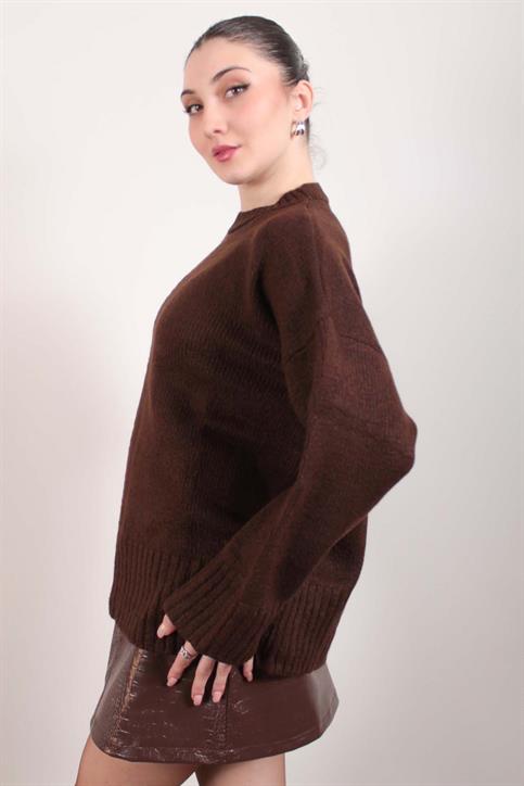 Kahverengi Oversize Bisiklet Yaka Triko Kazak