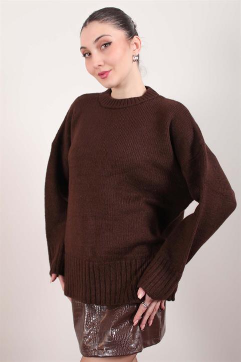 Kahverengi Oversize Bisiklet Yaka Triko Kazak