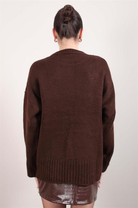 Kahverengi Oversize Bisiklet Yaka Triko Kazak