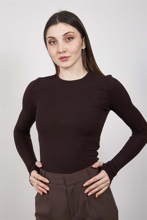 Kahverengi Parmak Geçmeli Uzunkollu Body