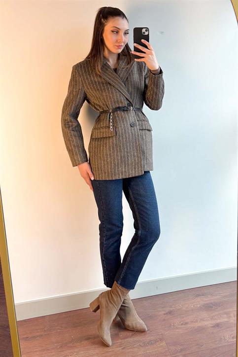 Kahverengi Sakallı Dokulu Kaşe Blazer Ceket