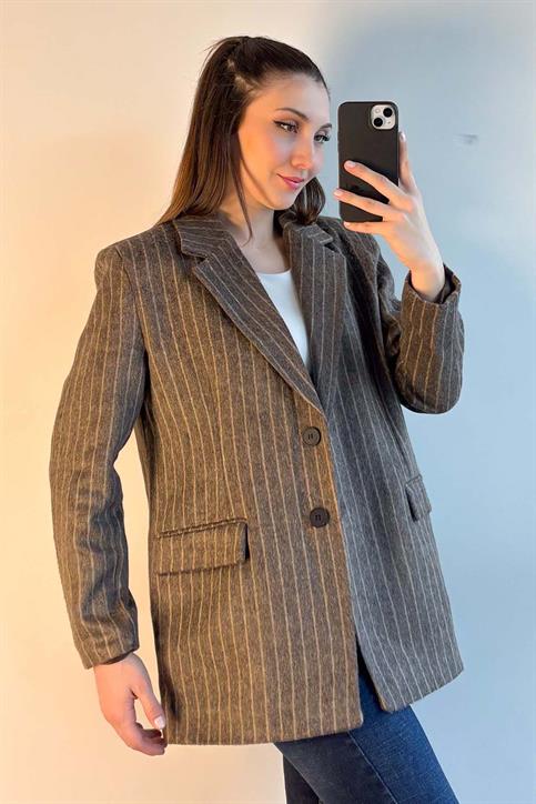 Kahverengi Sakallı Dokulu Kaşe Blazer Ceket