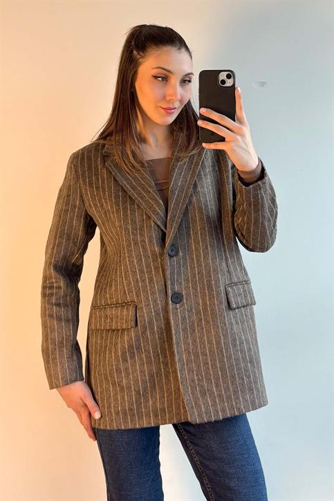 Kahverengi Sakallı Dokulu Kaşe Blazer Ceket