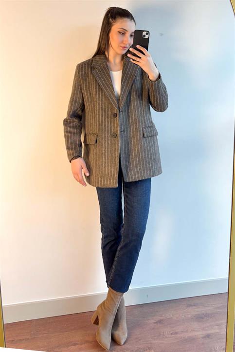 Kahverengi Sakallı Dokulu Kaşe Blazer Ceket