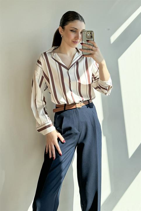 Kahverengi Sedef Düğmeli Oversize Çizgili Gömlek