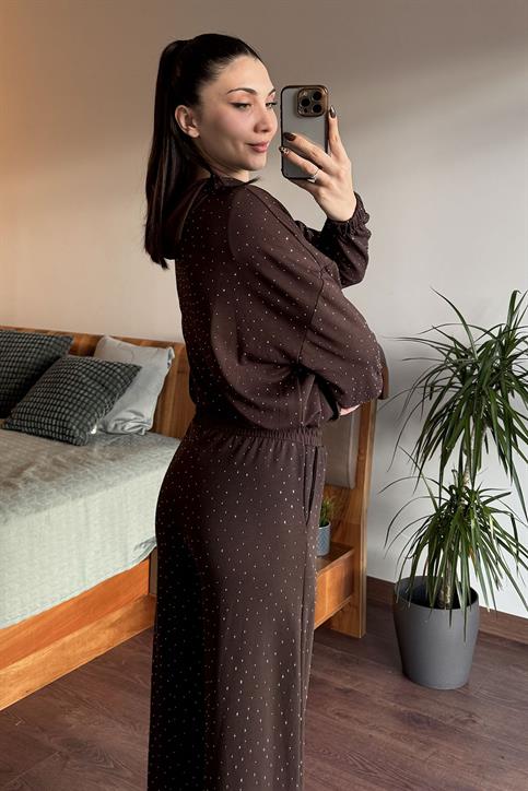 Kahverengi Taşlı Fermuarlı Sweatshirt