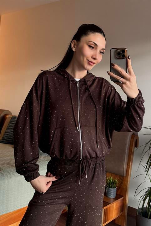 Kahverengi Taşlı Fermuarlı Sweatshirt