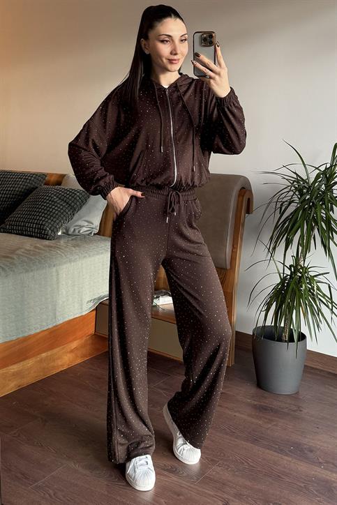 Kahverengi Taşlı Sweatshirt Eşofman Takım