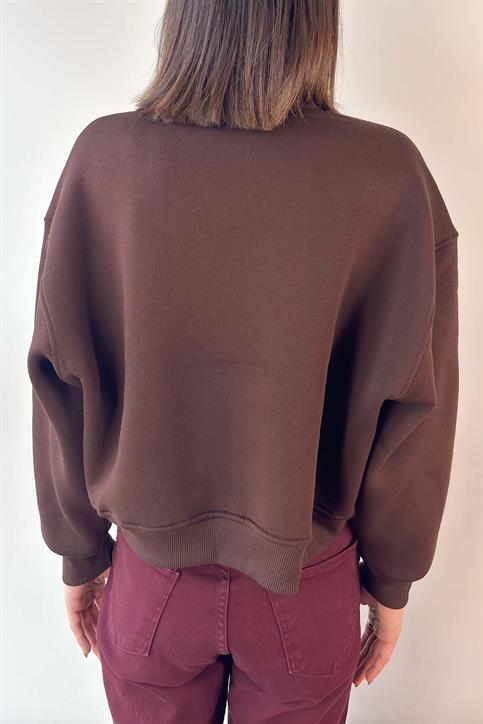 Kahverengi Teddy Nakışlı Crop Sweatshirt