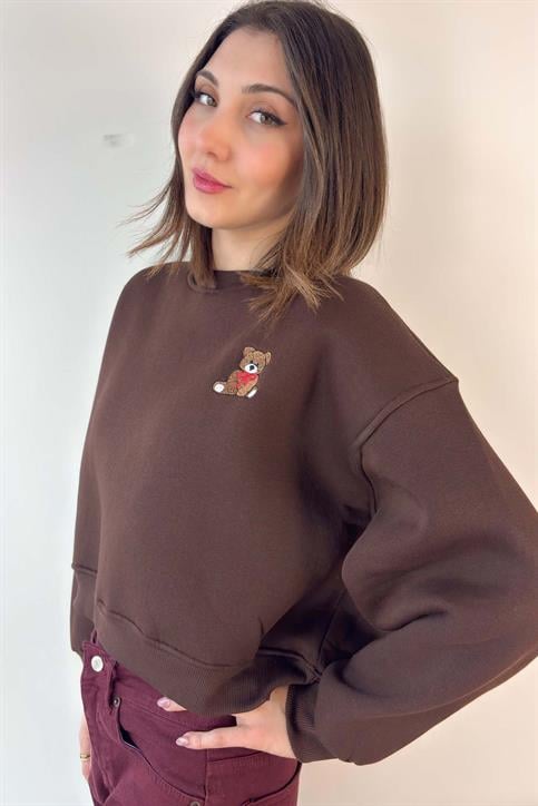 Kahverengi Teddy Nakışlı Crop Sweatshirt