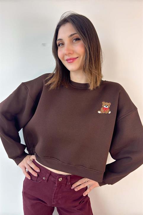 Kahverengi Teddy Nakışlı Crop Sweatshirt