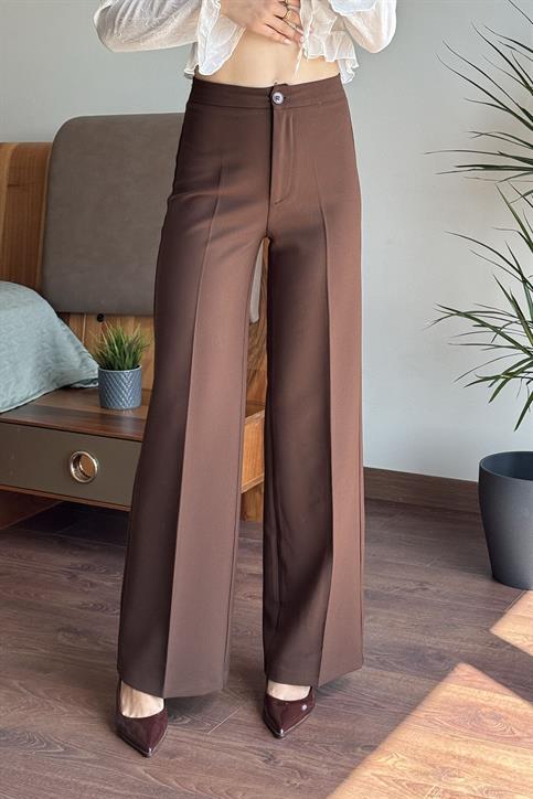 Kahverengi Tek Düğmeli Boru Paça Pantolon
