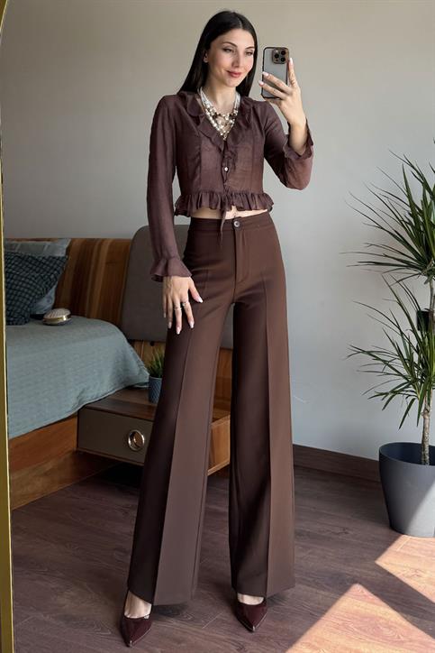 Kahverengi Tek Düğmeli Boru Paça Pantolon